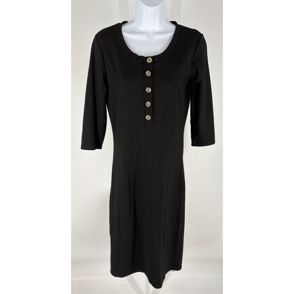 Black Button 3/4 Sleeve Midi Dress